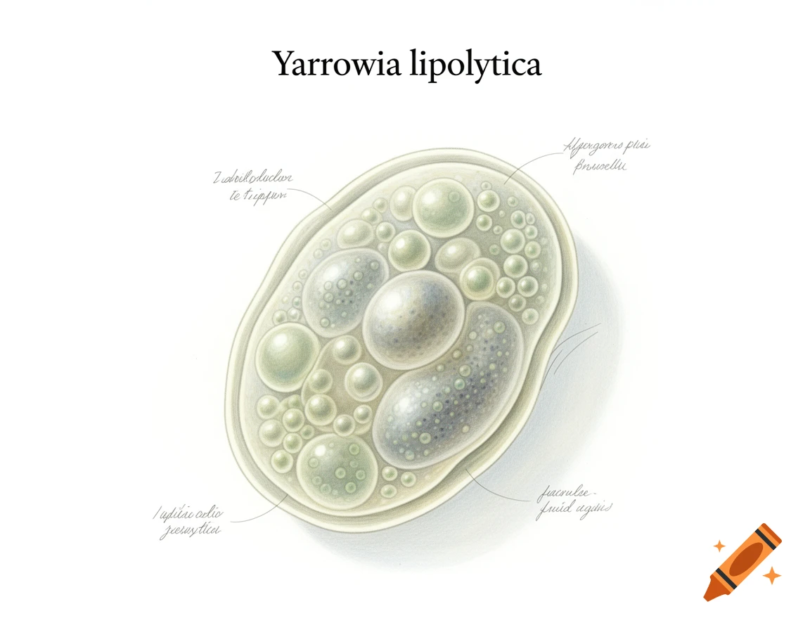 A detailed scientific illustration of Yarrowia lipolytica, an oval-shaped microorganism, with internal structures and handwritten labels, some of which are illegible.