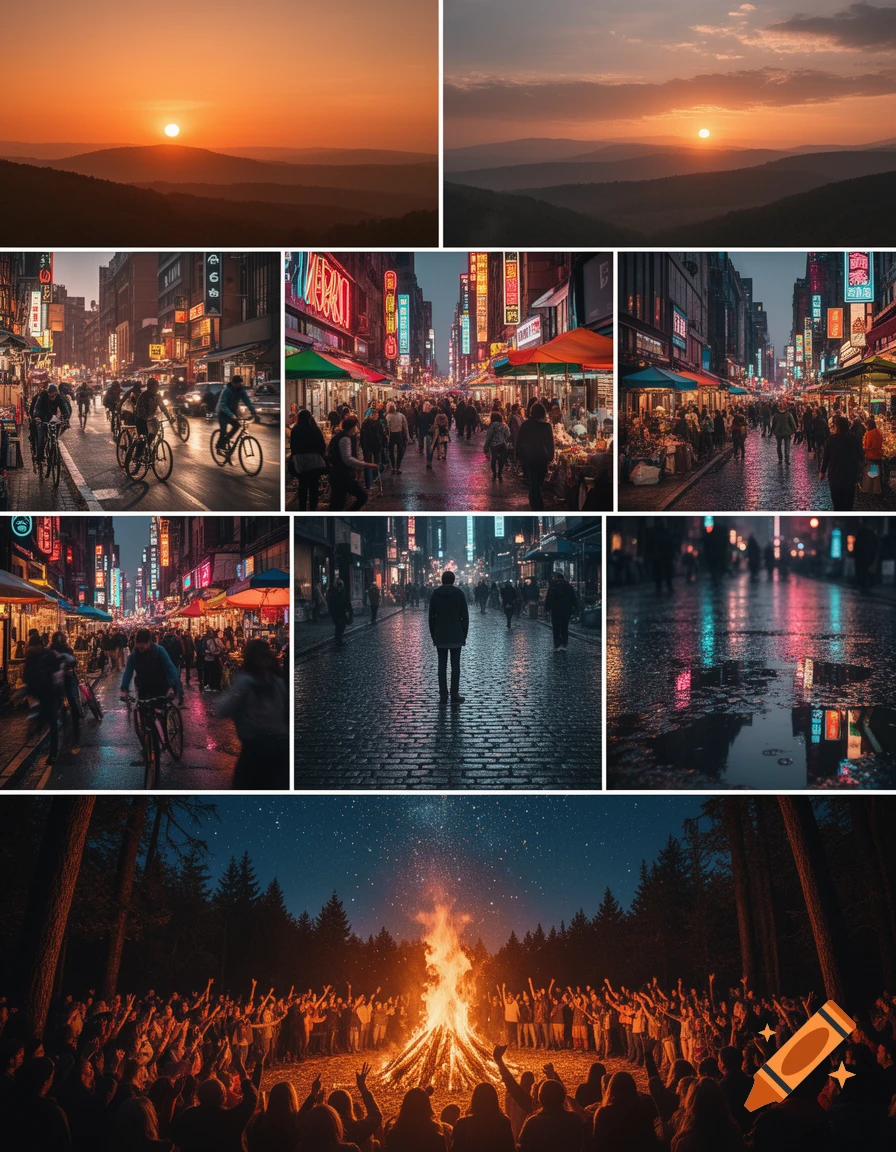 A nine-panel photo collage featuring two sunset mountain landscapes, five vibrant night city scenes with neon signs and people, and two images of a large bonfire in a forest under a starry sky.