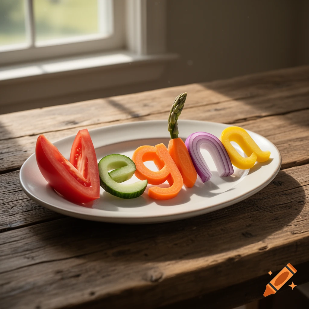 Colorful vegetables on a white plate spell out "Vegina" on a rustic wooden table, illuminated by sunlight from a window.