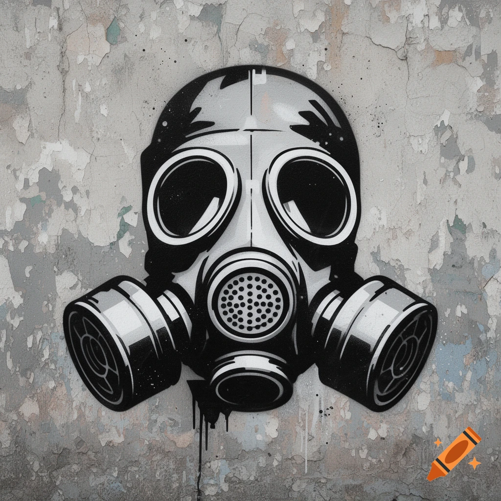A black and white stencil of a gas mask with two filters on a weathered, peeling concrete wall.