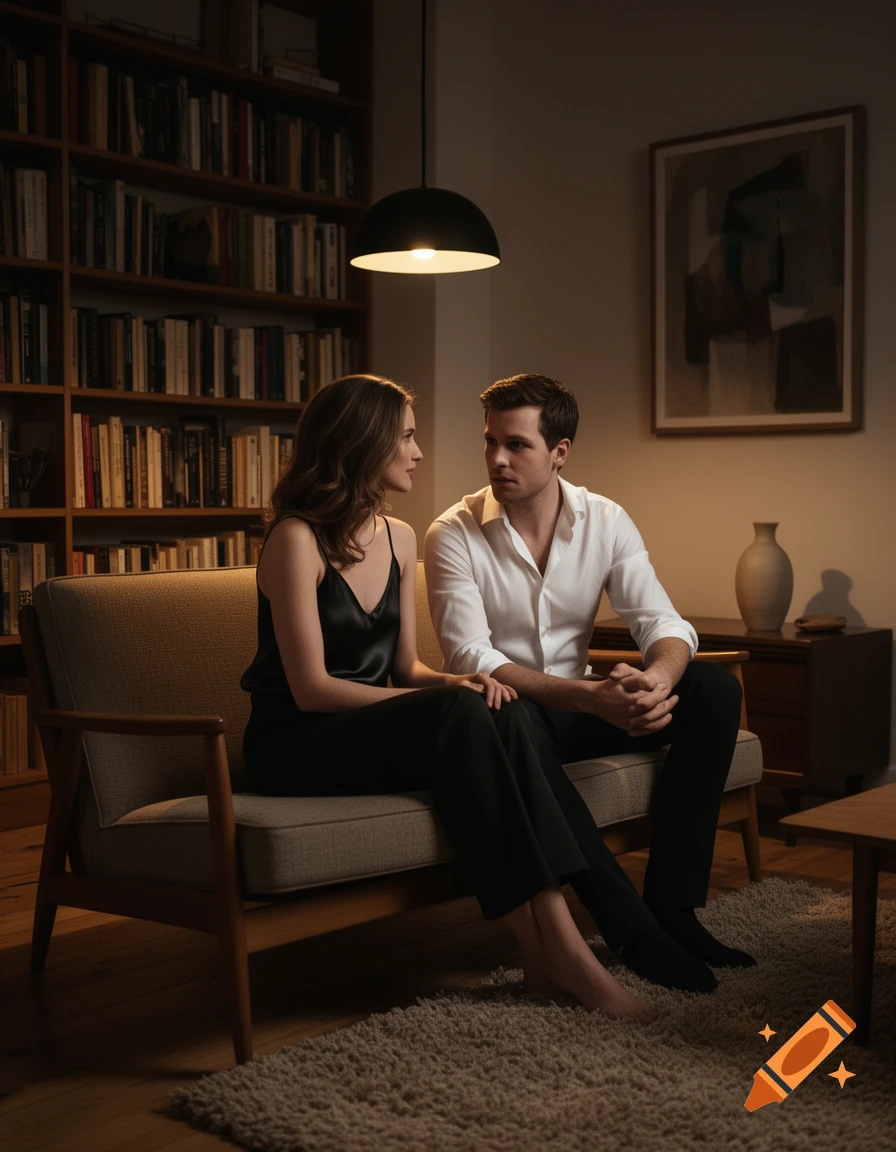 A man and a woman sit on a couch in a dimly lit room with a bookshelf, gazing at each other. Photorealistic.