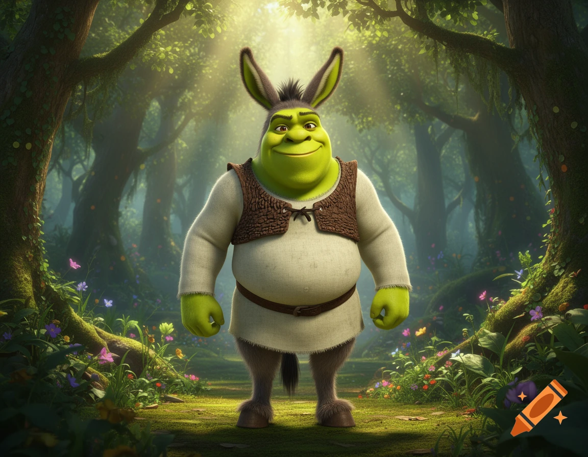 A fusion character of Shrek and Donkey stands smiling in a vibrant, sunlit fantasy forest.