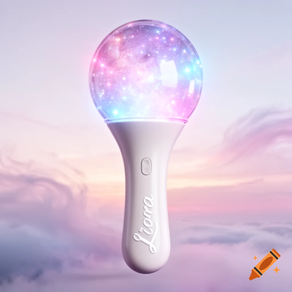 White K-pop lightstick with a glowing galaxy globe top and 'Liora' text on the handle, set against a pastel sky.