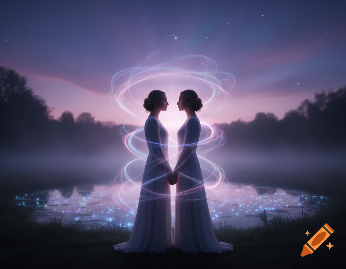 Two women in white gowns holding hands by a misty lake at dusk, surrounded by swirling pink and blue light under a starry sky.