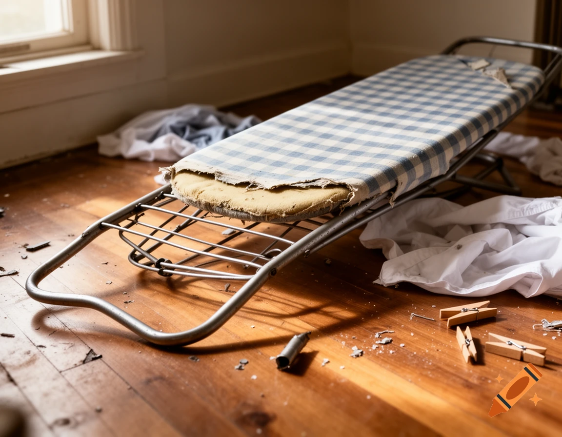 Distressed ironing board with torn checkered cover on a wooden floor, surrounded by clothes and debris.