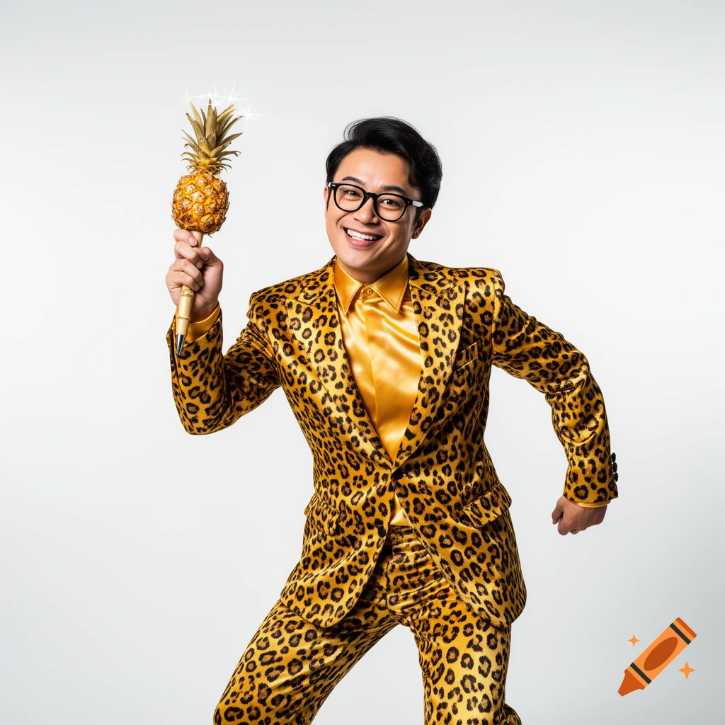 A man in a leopard print suit and golden shirt smiles, holding a sparkling golden pineapple on a stick.