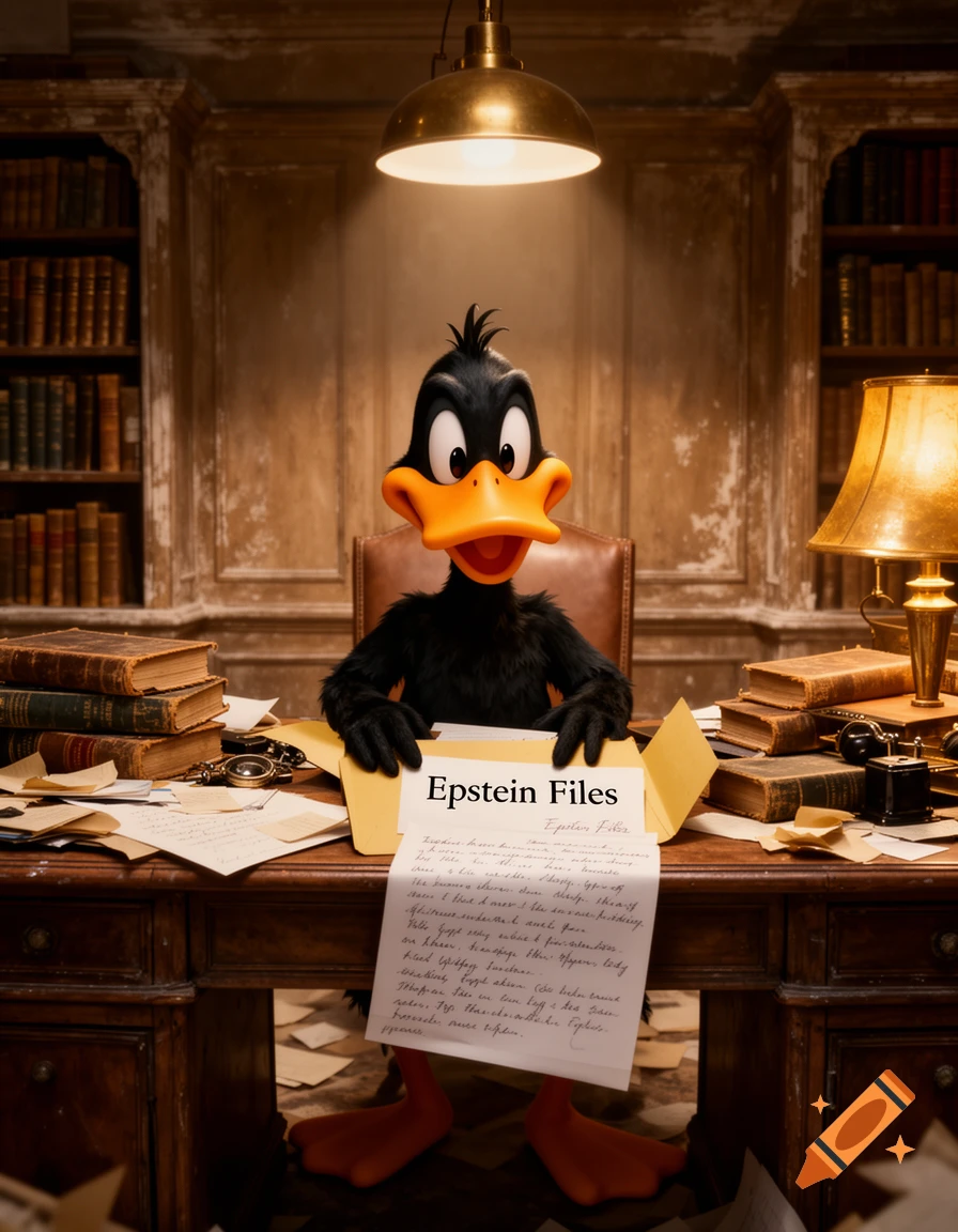 Daffy Duck sits at a large wooden desk filled with old books and papers, holding a folder labeled 'Epstein Files'.