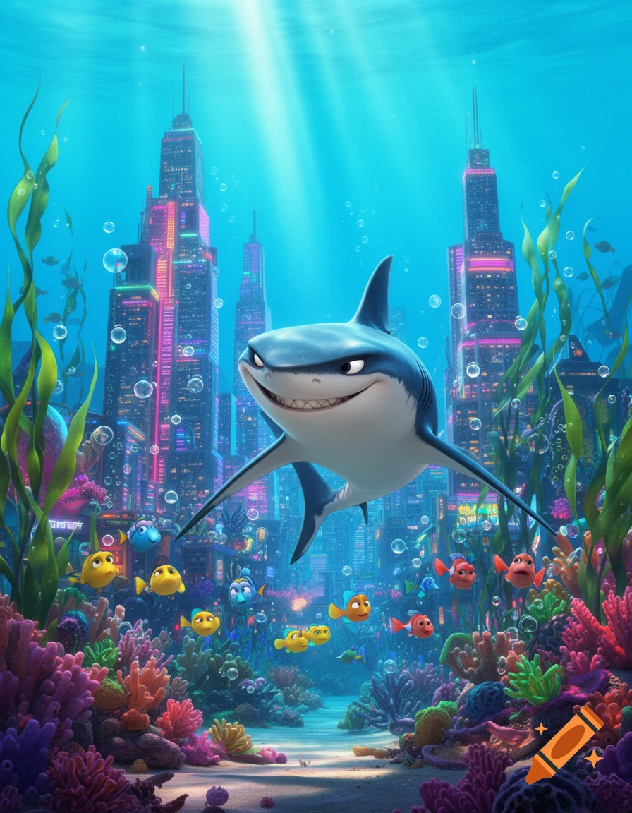 A smiling cartoon shark swims through a vibrant underwater city with coral, seaweed, and small colorful fish.