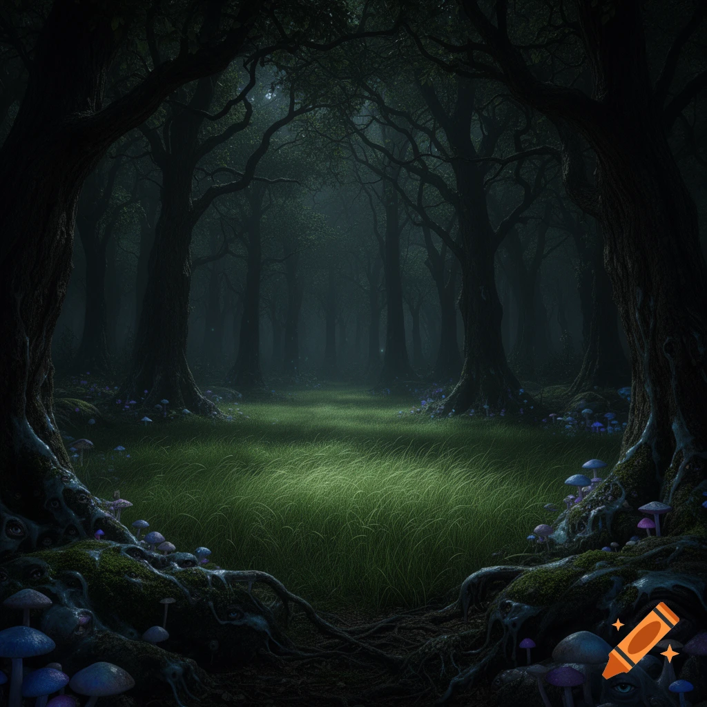 A dark, eerie fantasy forest with an illuminated clearing, glowing mushrooms, and eyes peering from gnarled roots.