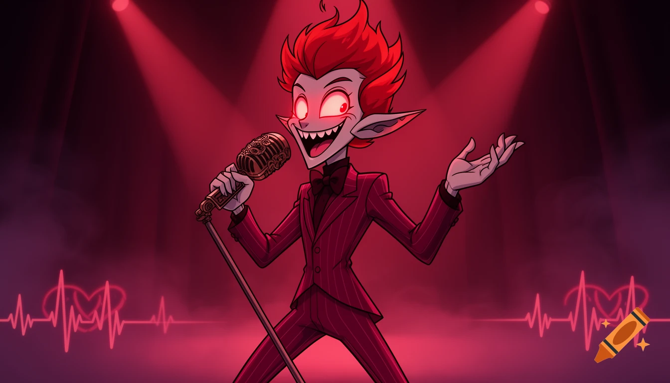 Anime-style character with red hair, glowing eyes, and sharp teeth in a red suit sings into a vintage microphone on a stage with red lights.