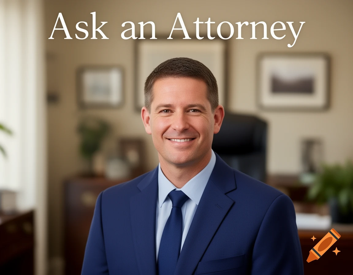 Smiling man in a blue suit and tie, with 'Ask an Attorney' text above, in a professional office. Photorealistic.
