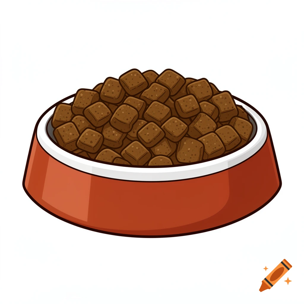A cartoon illustration of a red dog food bowl filled with brown kibble, on a white background.