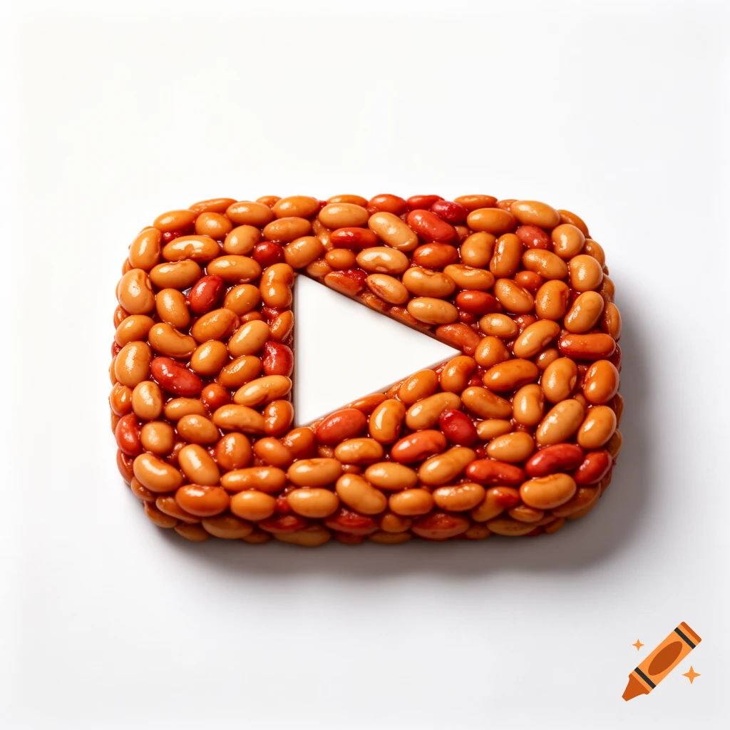 A photorealistic YouTube play button icon, made entirely of baked beans in sauce, rests on a white background.