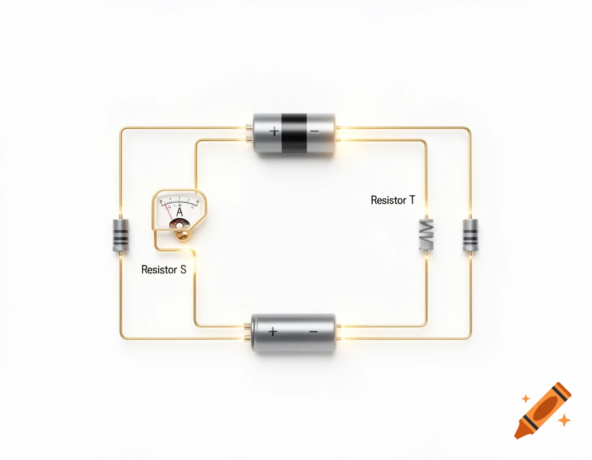 A clear electrical circuit diagram with two batteries, an ammeter, and two resistors labeled S and T in parallel.