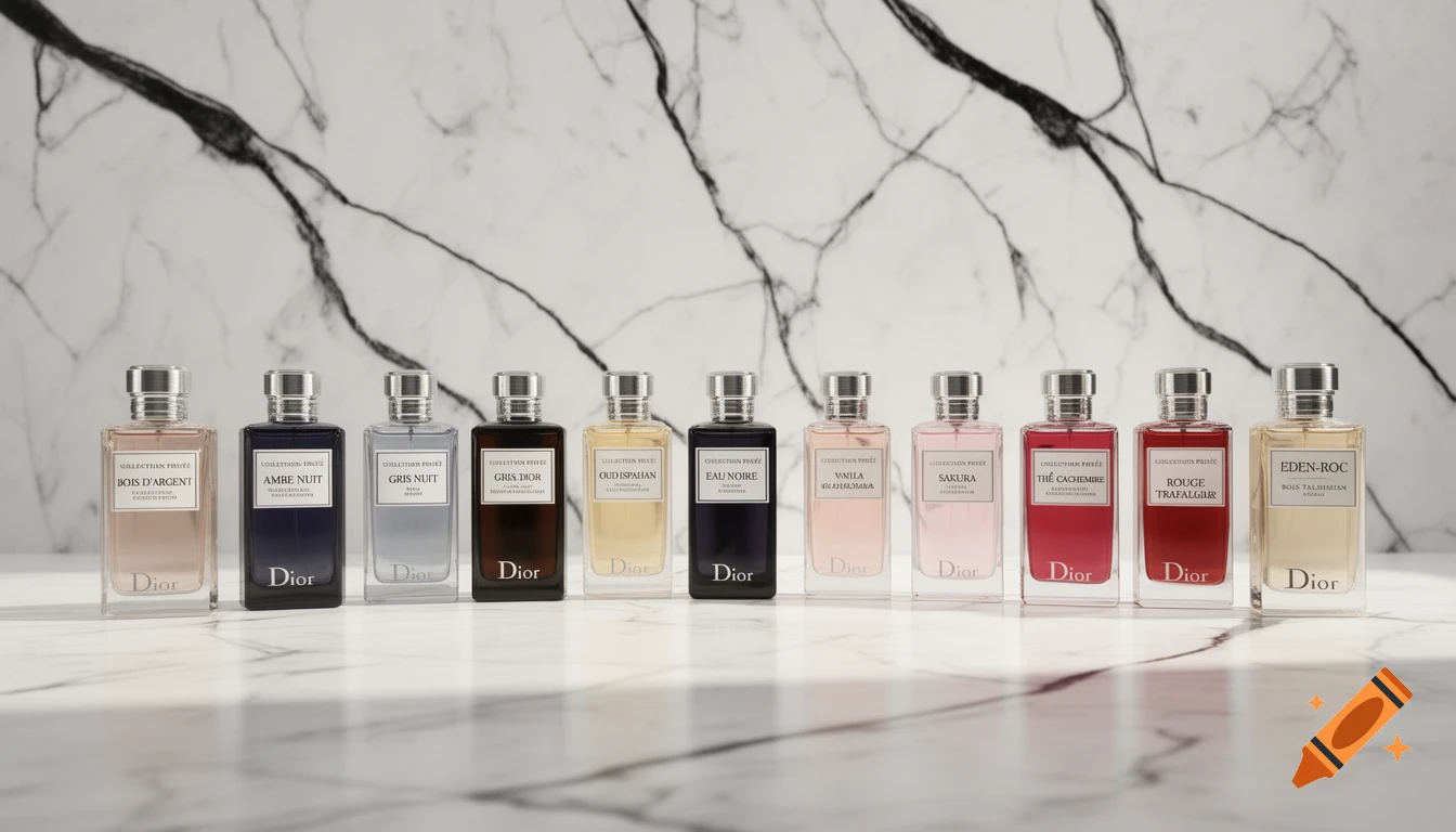 A lineup of ten rectangular Dior perfume bottles with silver caps, in various liquid colors, against a white and grey marble background.