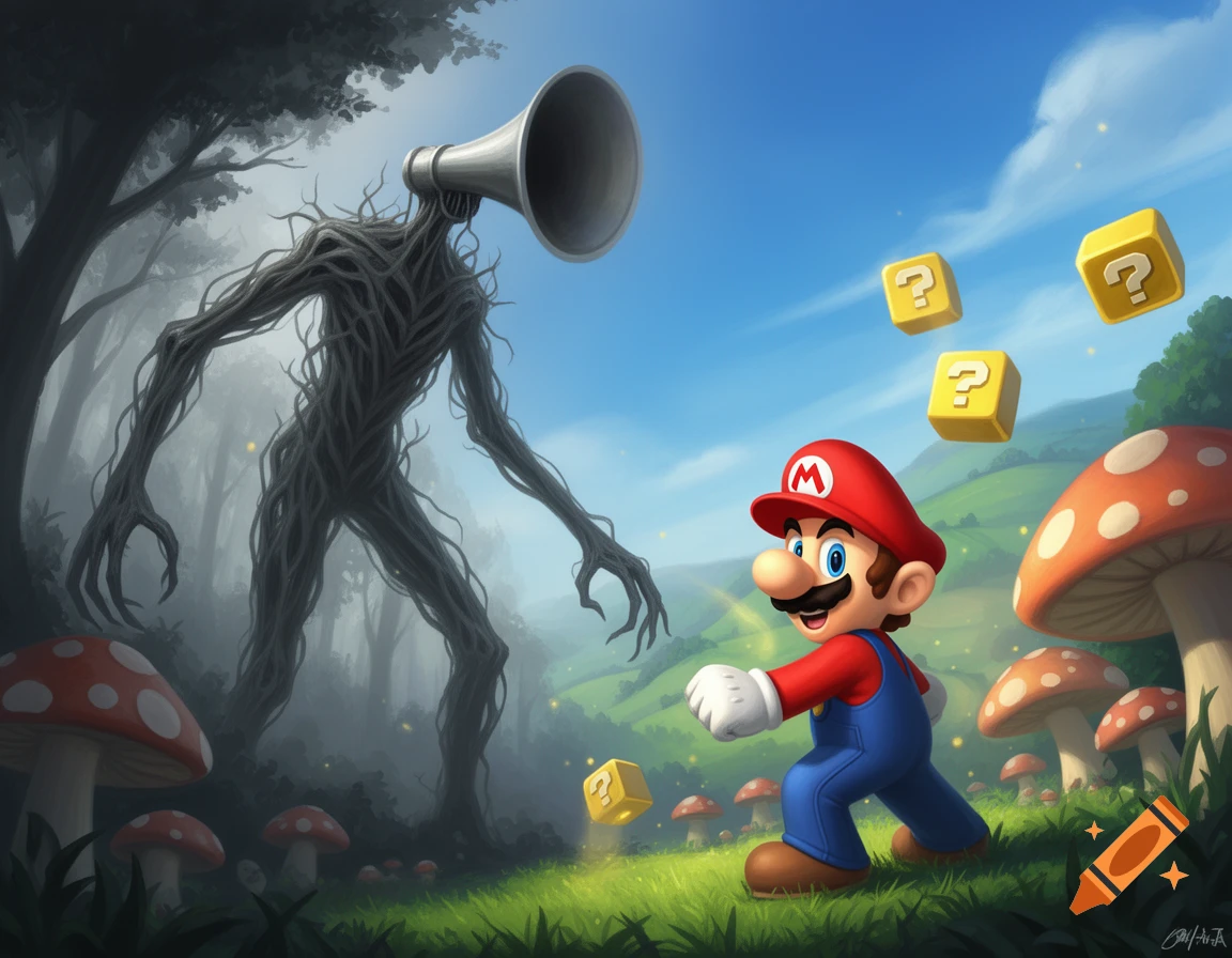 Mario runs through a vibrant mushroom forest, looking back at the tree-like Siren Head monster with a megaphone for a head. Digital art.