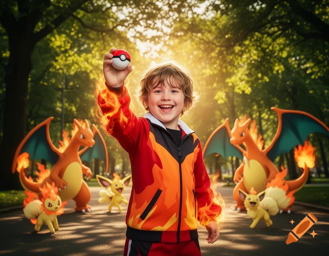 Smiling child in a fiery jacket holding a Poké Ball, surrounded by Charizards and other fire Pokémon in a sunny park.