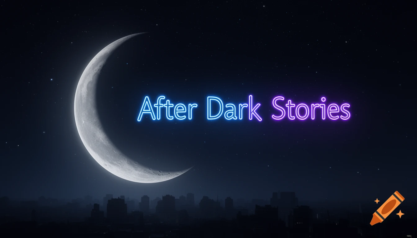 Blue and purple neon text 'After Dark Stories' over a dark night sky with a large crescent moon and city silhouette.