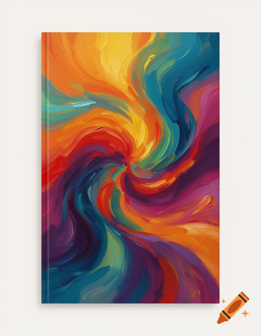 Vibrant abstract painting with swirling, expressive acrylic brushstrokes in orange, yellow, red, teal, and purple.