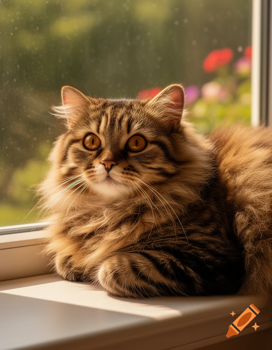 A fluffy brown tabby cat with large orange eyes sits on a sunlit windowsill, looking out a window.
