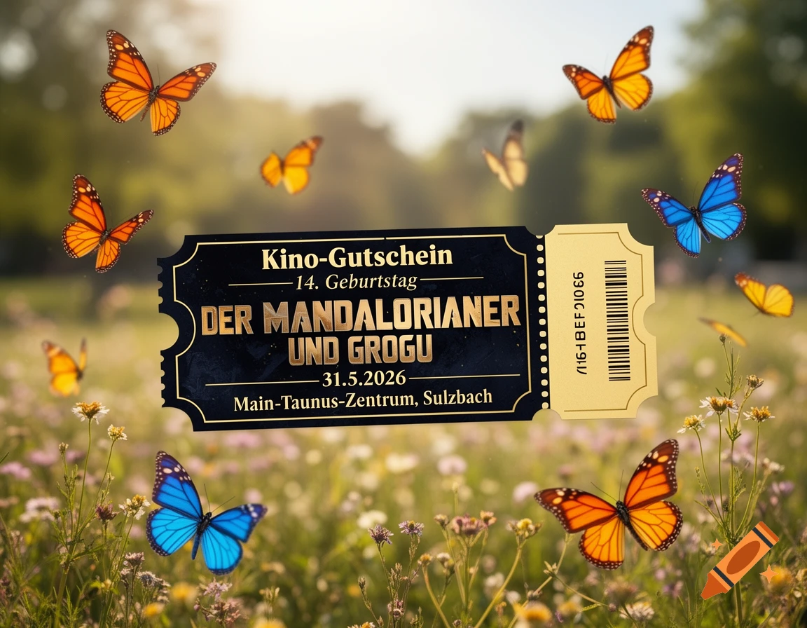 A cinema voucher for "Der Mandalorianer und Grogu" for a 14th birthday, surrounded by orange and blue butterflies in a sunny field.
