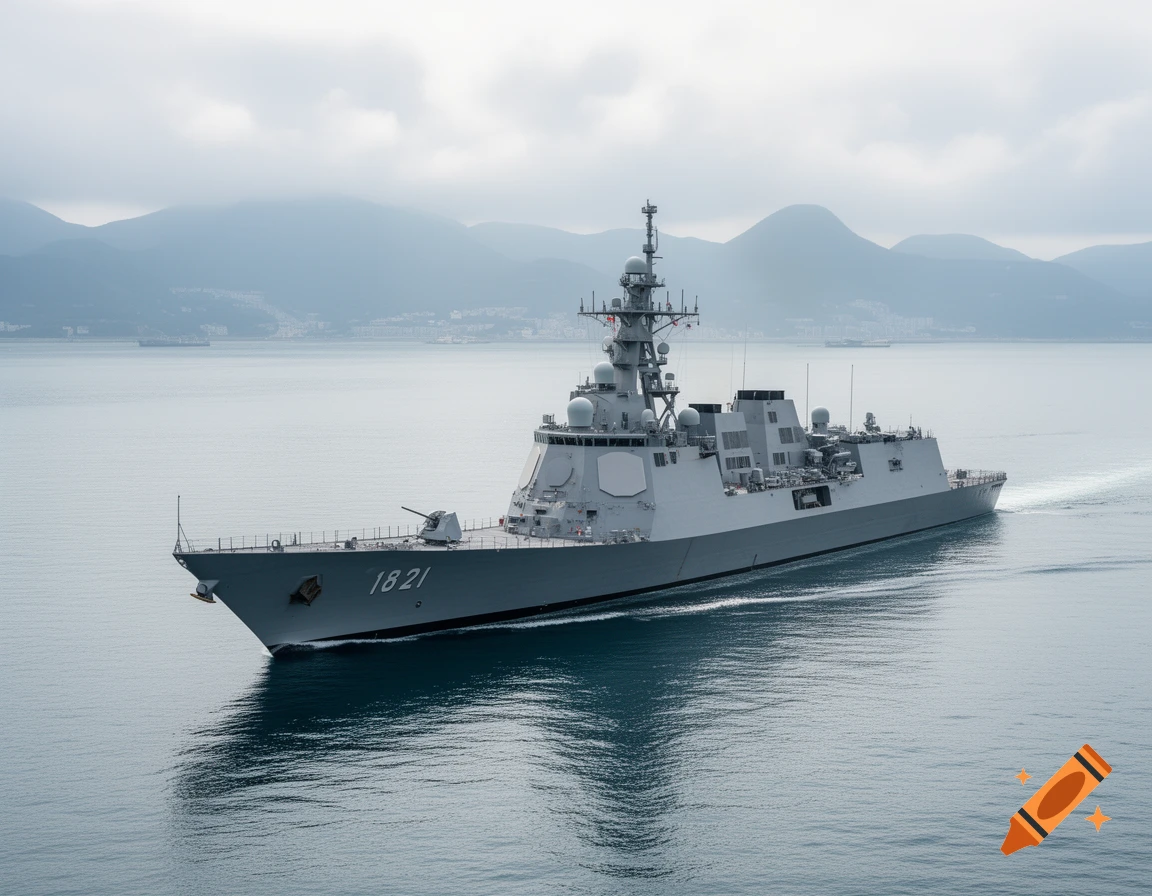 A modern gray warship with hull number 1821 sails on calm water, with misty mountains and a cloudy sky in the background.