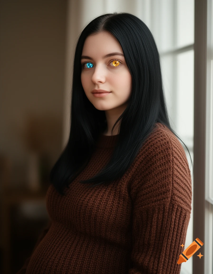 A pregnant woman with long black hair and pale skin, looking forward. She has mismatched blue and gold crystalline eyes and wears a brown sweater.