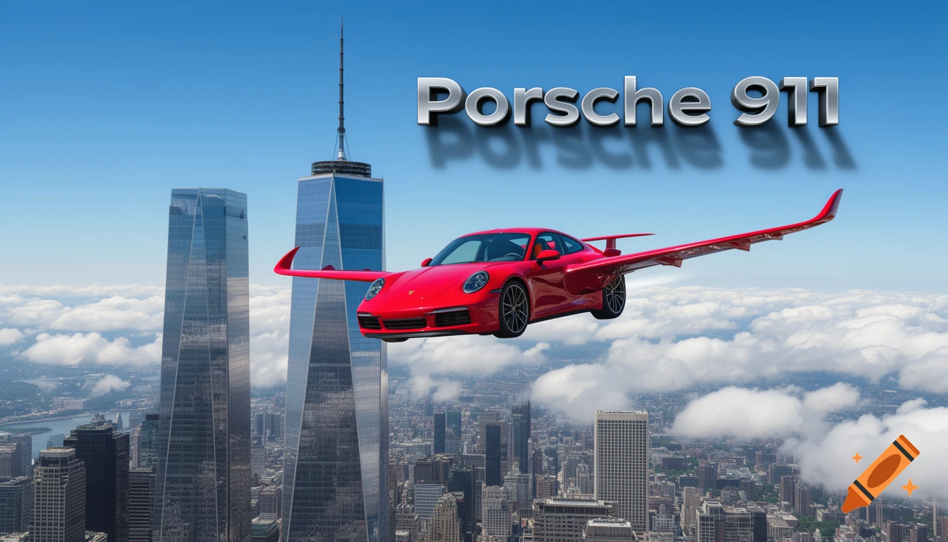 Red Porsche 911 with airplane wings flying between two skyscrapers over a city, with 'Porsche 911' text above.