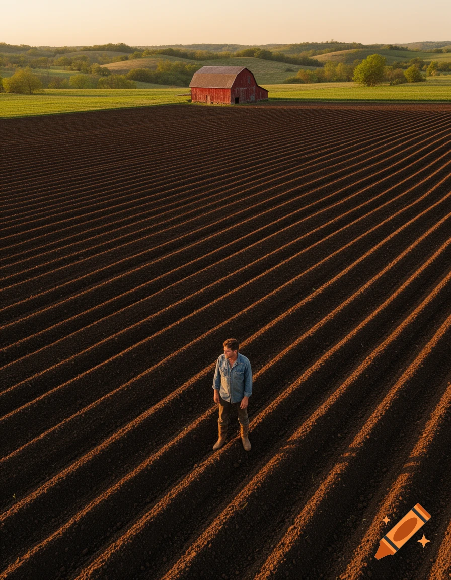A farmer stands in a vast, freshly tilled field under a golden sunset, with a red barn and green hills in the background. Photorealistic.