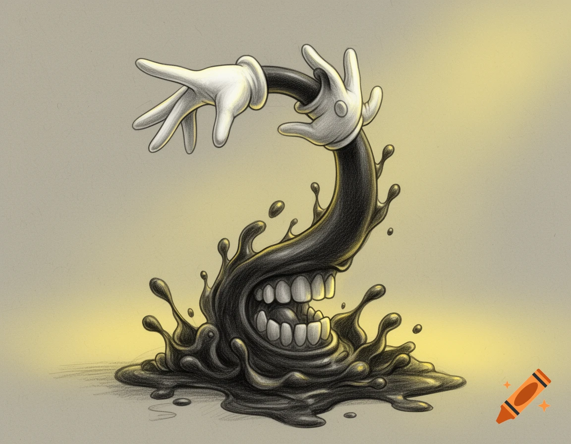 Stylized pencil sketch of a black ink blob monster with white cartoon gloves and human teeth, splashing out of a puddle.