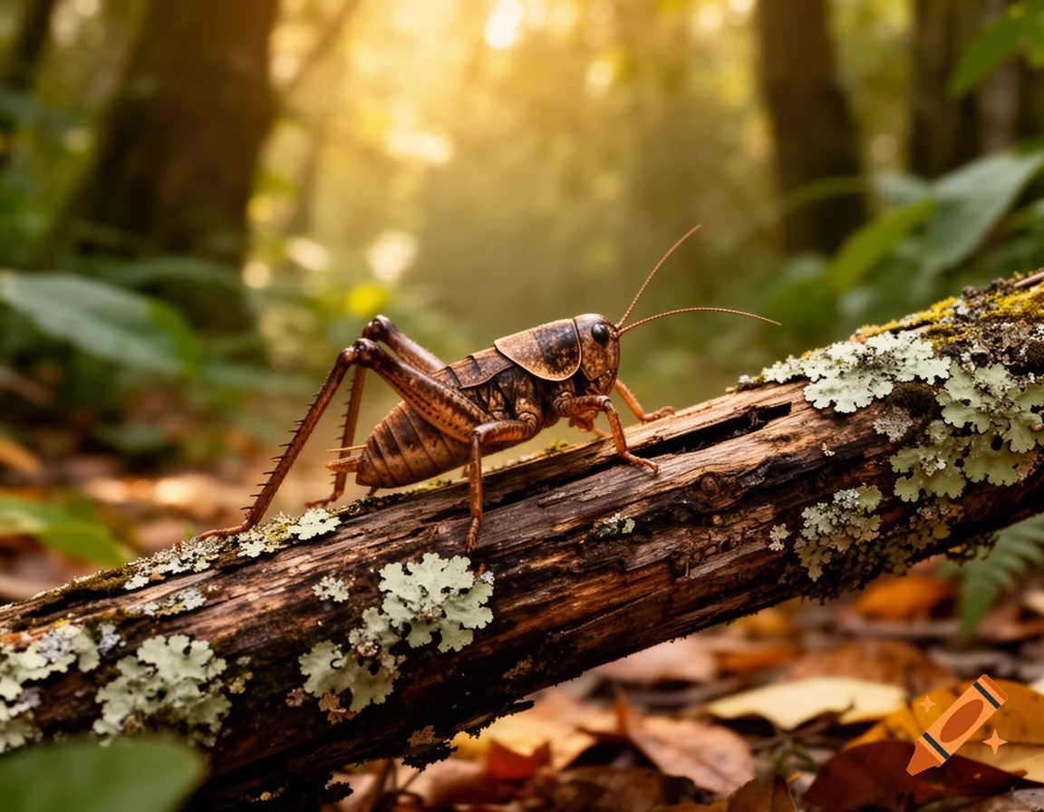 A large, brown weta insect with long antennae walks on a mossy log in a sunlit forest.