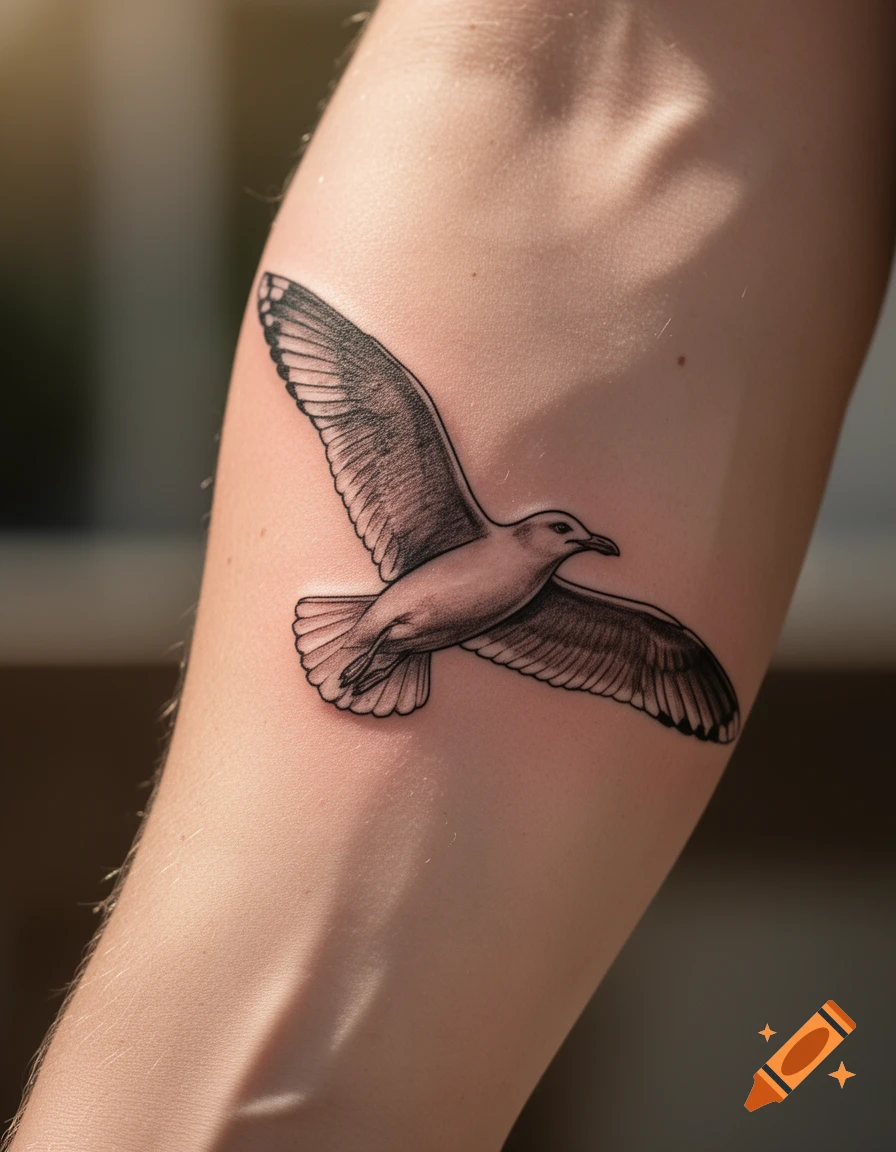 A realistic black and white tattoo of a flying seagull on a person's forearm.