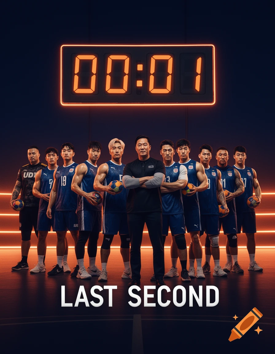 A dramatic sports poster shows a handball team with a coach and players holding balls, under a glowing '00:01' scoreboard and 'LAST SECOND' text.
