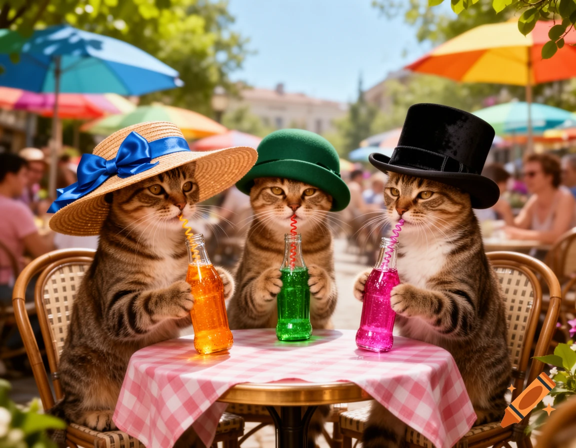 Three tabby cats wearing hats sit at an outdoor cafe table, each drinking from a colorful bottled drink with a straw.