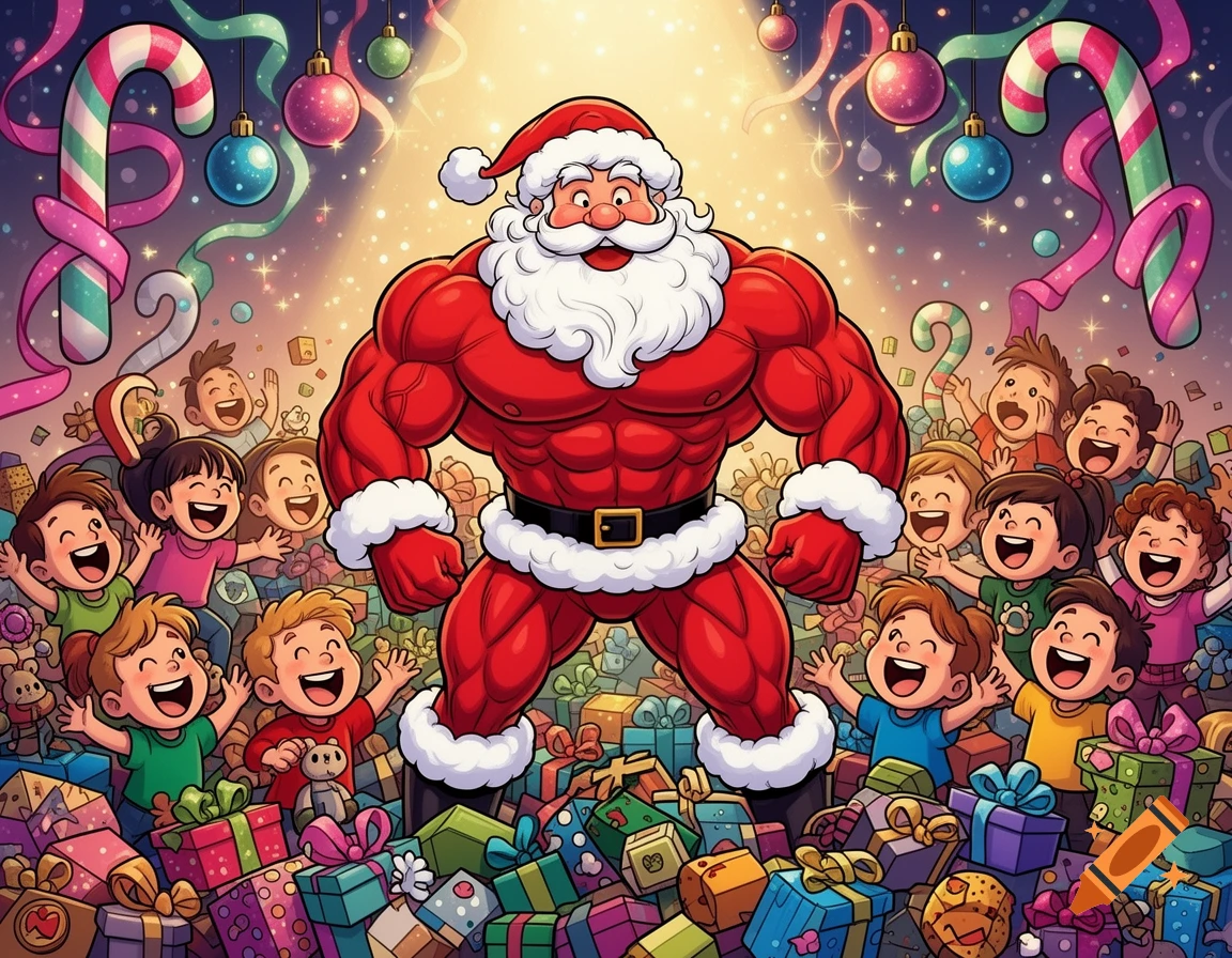 A muscular, cartoon Santa Claus stands among piles of Christmas presents and overjoyed children in a festive scene.