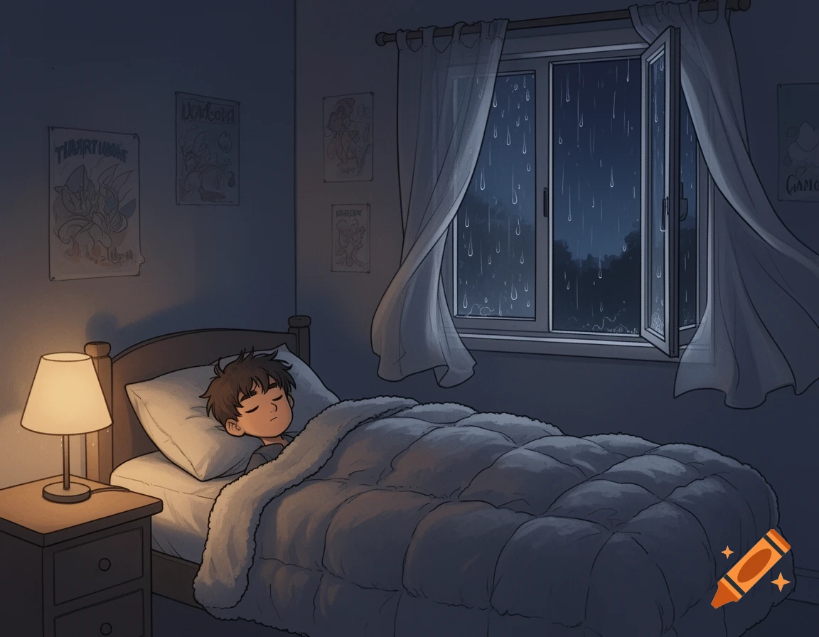A cartoon boy sleeps soundly in his bed during a peaceful, rainy night, with the window open and curtains blowing gently.