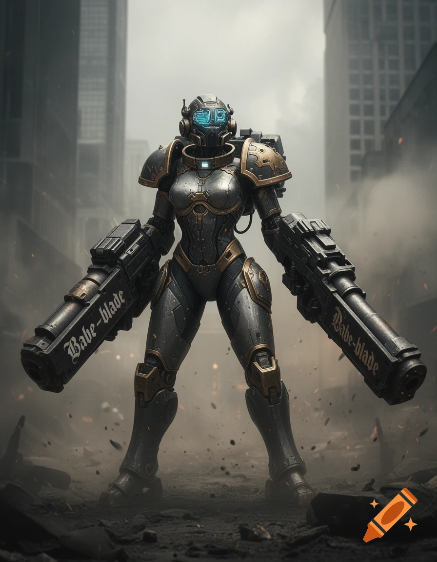 A female sci-fi soldier in detailed power armor with two large cannons, each labeled "Babe-blade", stands in a war-torn city.