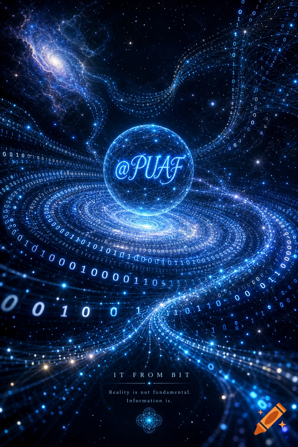 A glowing blue sphere with '@PUAF' at its center, surrounded by swirling binary code streams in deep space with a galaxy.