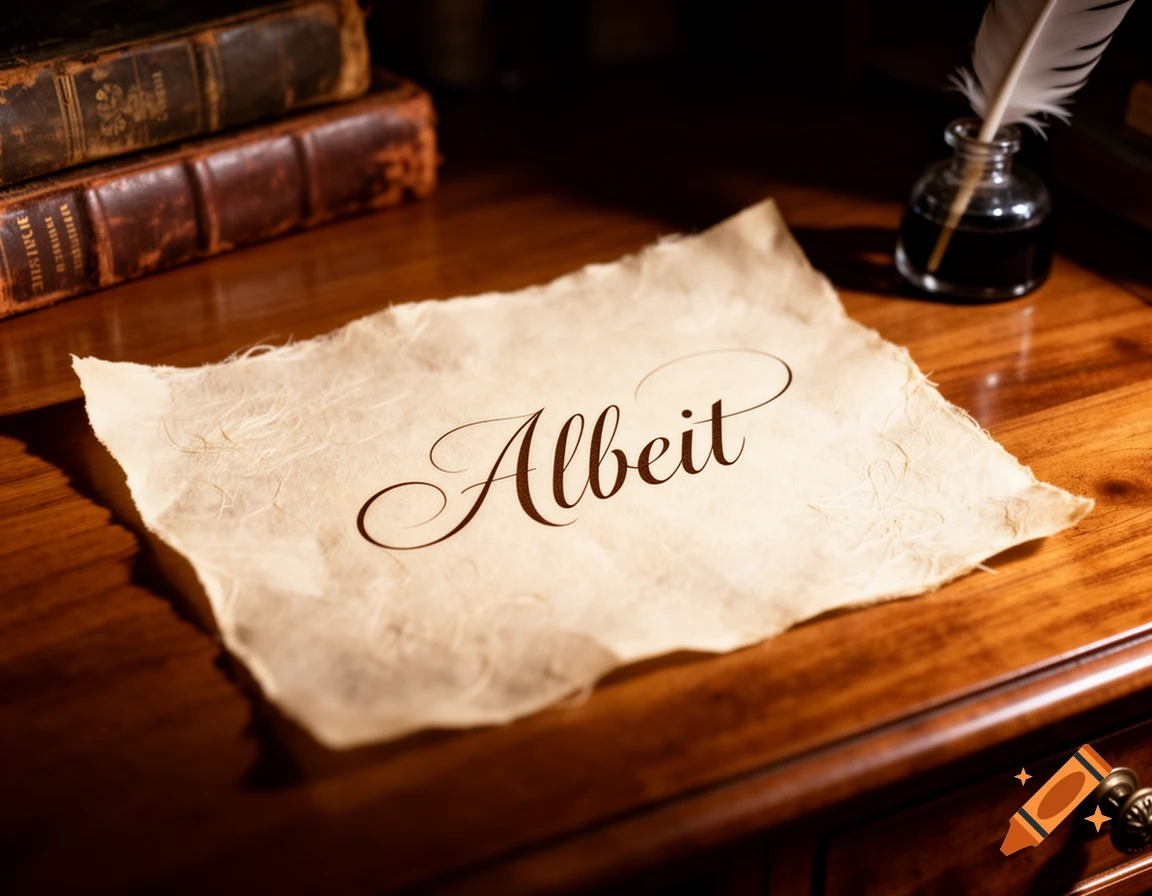 A piece of aged, textured paper with the word "Albeit" written in elegant cursive, lying on a polished wooden desk next to antique books and an inkwell with a quill.