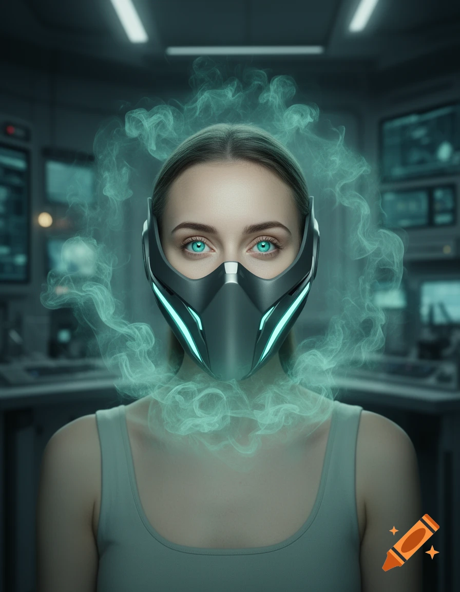 A woman with glowing aquamarine eyes and a high-tech grey mask exhales aquamarine smoke in a futuristic setting.
