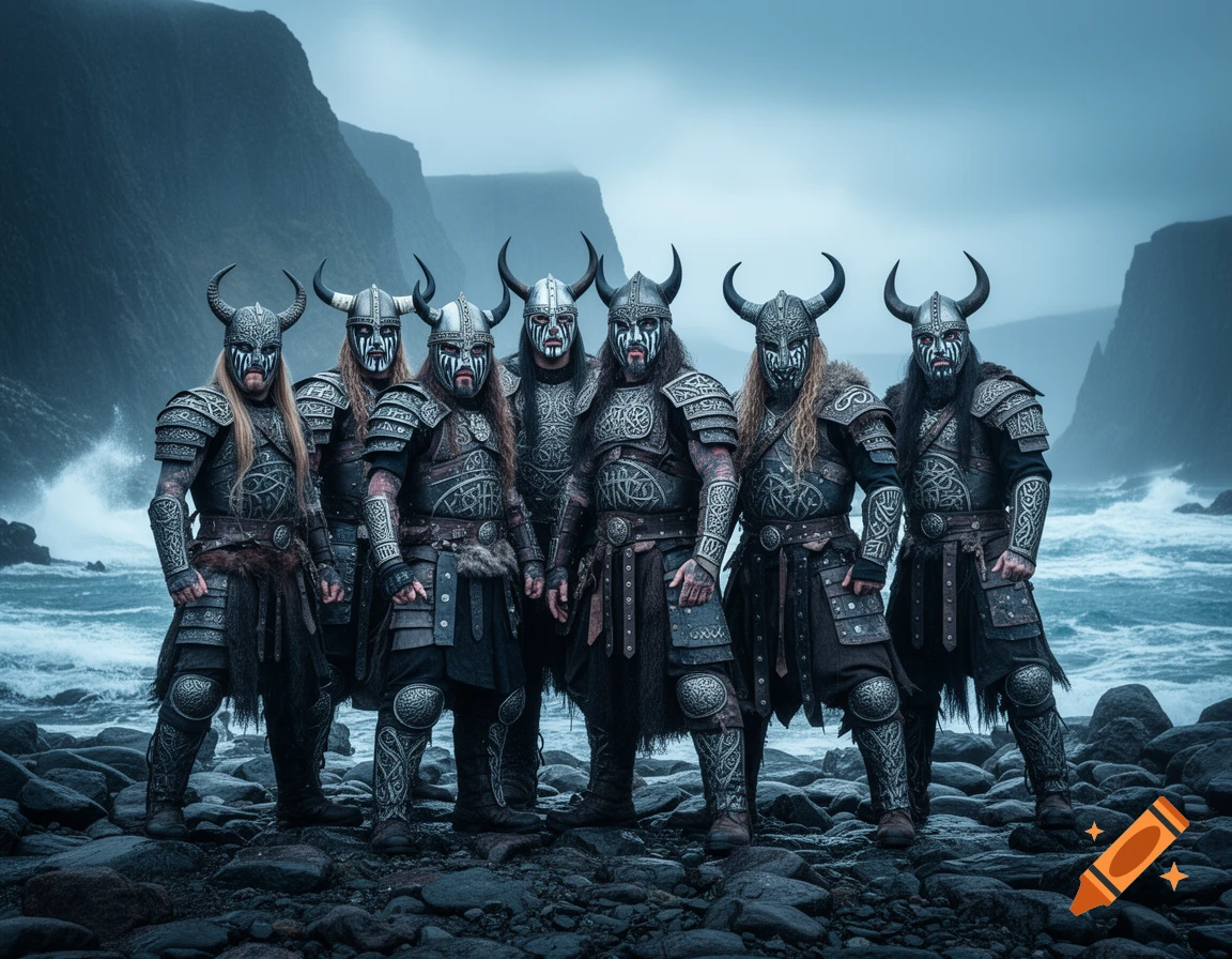 Six Vikings in elaborate armor, horned helmets, and face paint stand on a rocky shore with misty cliffs.