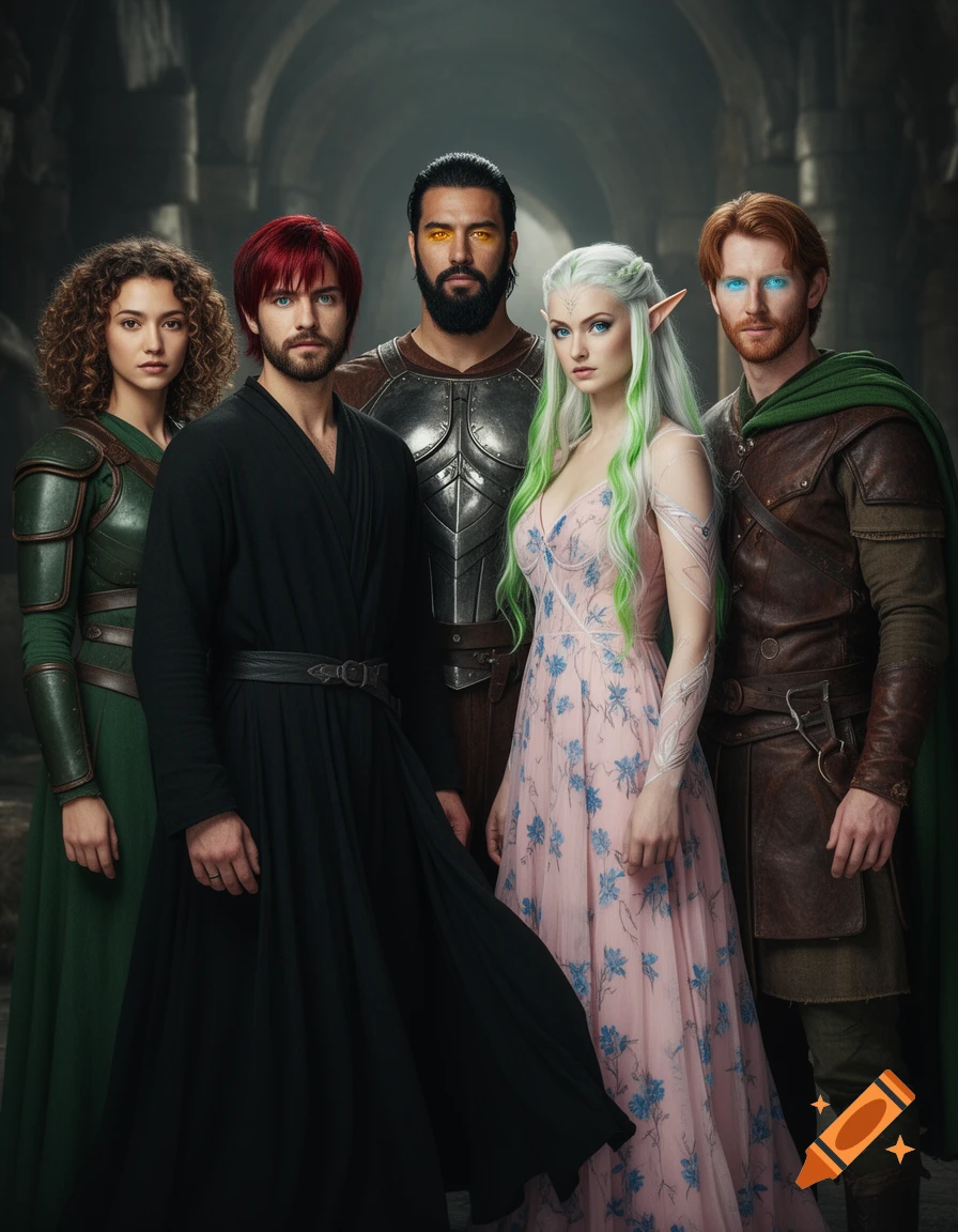 A diverse group of five fantasy characters with glowing eyes standing in a dark, stone dungeon or castle hallway.