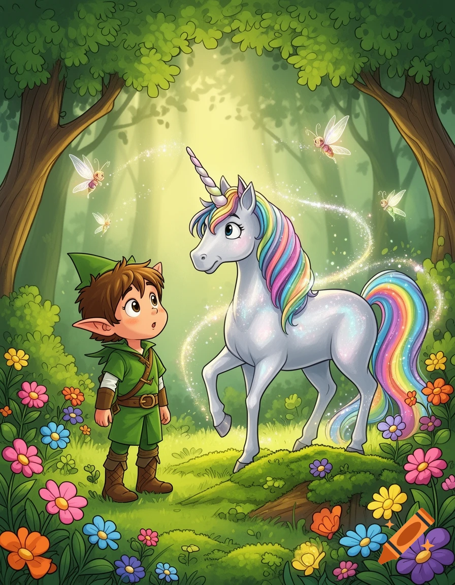 A cartoon elf boy looks up at a sparkling unicorn with a rainbow mane and tail in a magical forest with colorful flowers and butterflies.