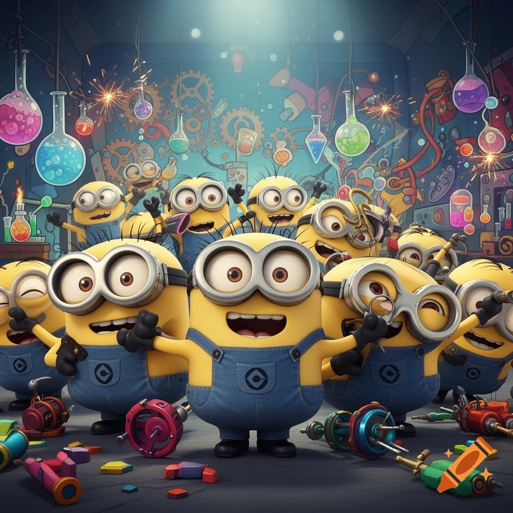 A group of cheerful Minions in a bustling, colorful science laboratory filled with beakers, gears, and sparking experiments.