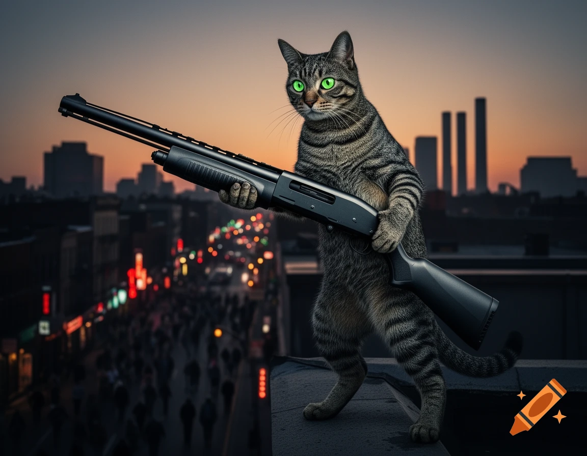 A photorealistic tabby cat holding a shotgun on a city rooftop, overlooking a blurry crowd at sunset.