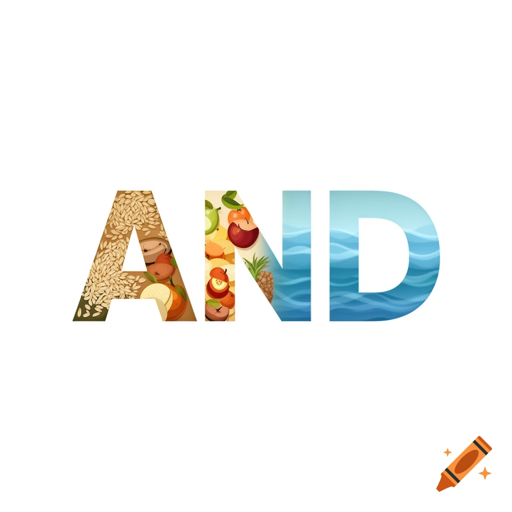 The bold word 'AND' with its letters filled: 'A' with grains, 'N' with fruits, and 'D' with blue water waves.