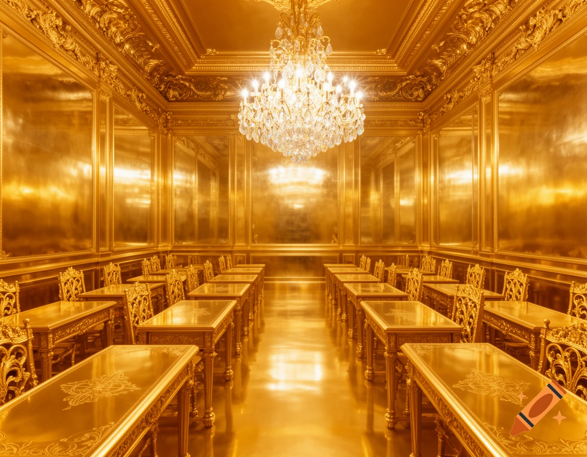 A grand, photorealistic room entirely made of shimmering gold, with a crystal chandelier, ornate tables, and chairs arranged in rows.