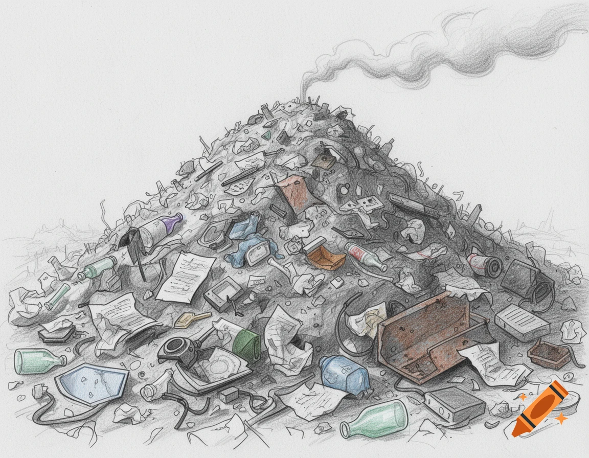 Illustration of a large, overflowing pile of trash with various discarded items, emitting smoke, in a sketch notes style.