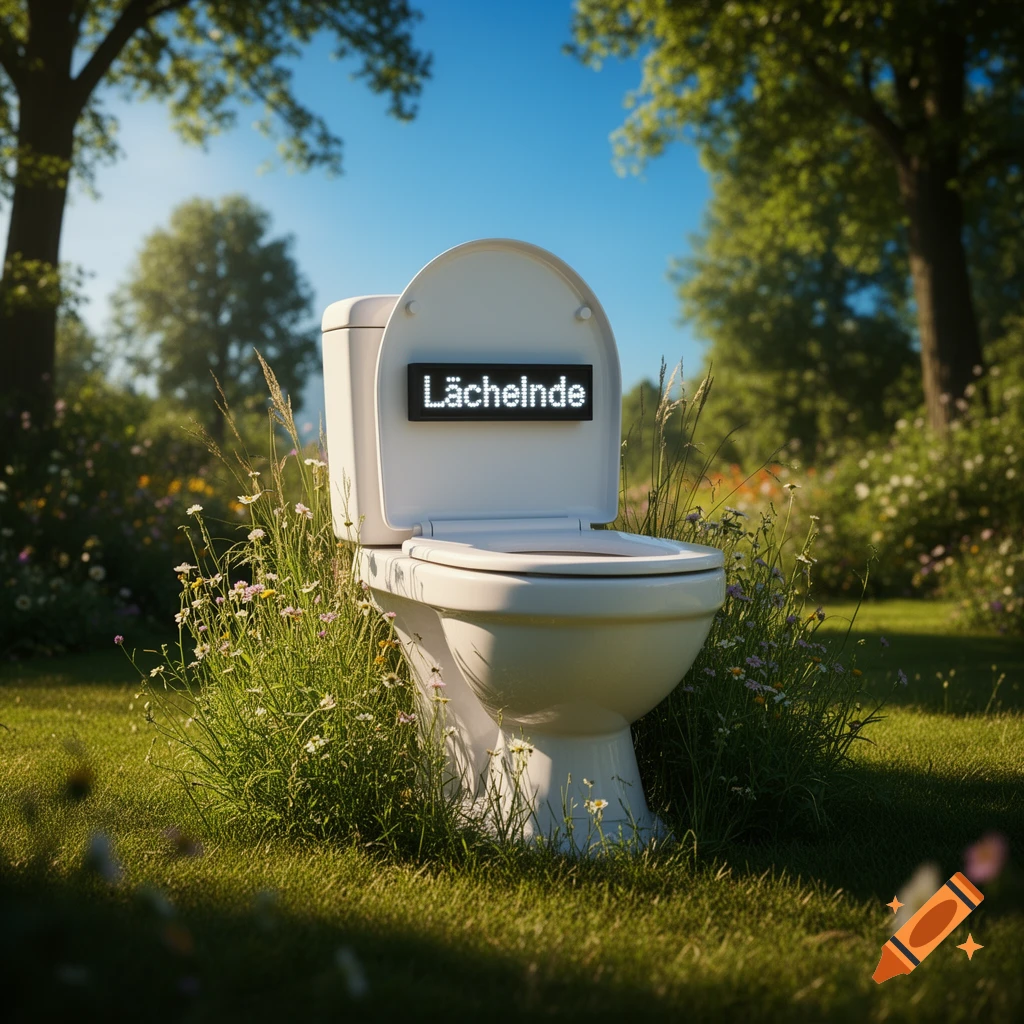 A white toilet with an LED screen displaying 'Lächelnde' sits in a sunny, grassy field with wildflowers and trees.
