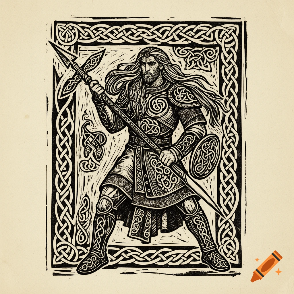 A linocut print in ancient Irish carving style depicts a long-haired warrior in ornate armor holding a spear and shield, surrounded by Celtic knot patterns.
